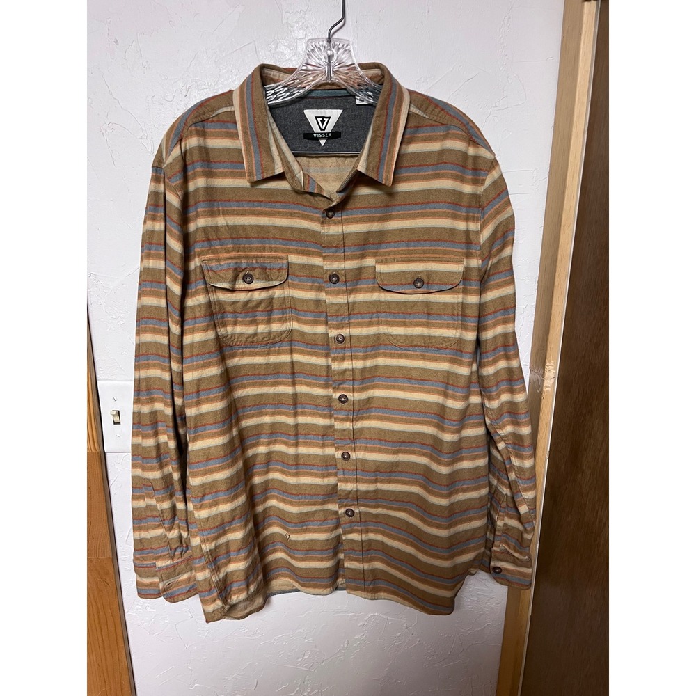Vissla‎ Mens XL Organic Cotton Flannel Stripe Button Down Shirt Tan